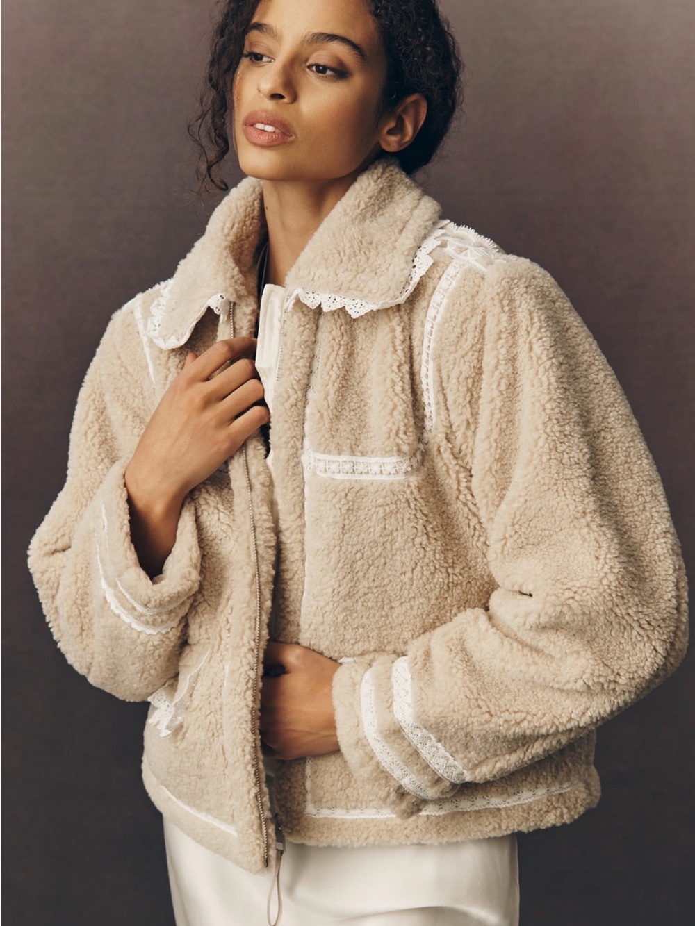 By Anthropologie Beige Sherpa Lace Trim Crop Jacket